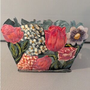VTG Hand Painted Metal Floral Basket Planter Toleware Signed Beautiful India